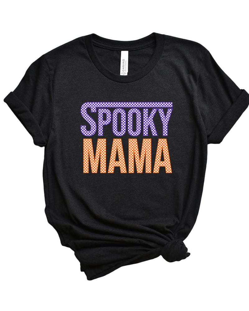 Front of a size XL Spooky Mama Checkered Short Sleeve Graphic Tee in Black by Simply Sage Market. | dia_product_style_image_id:308262